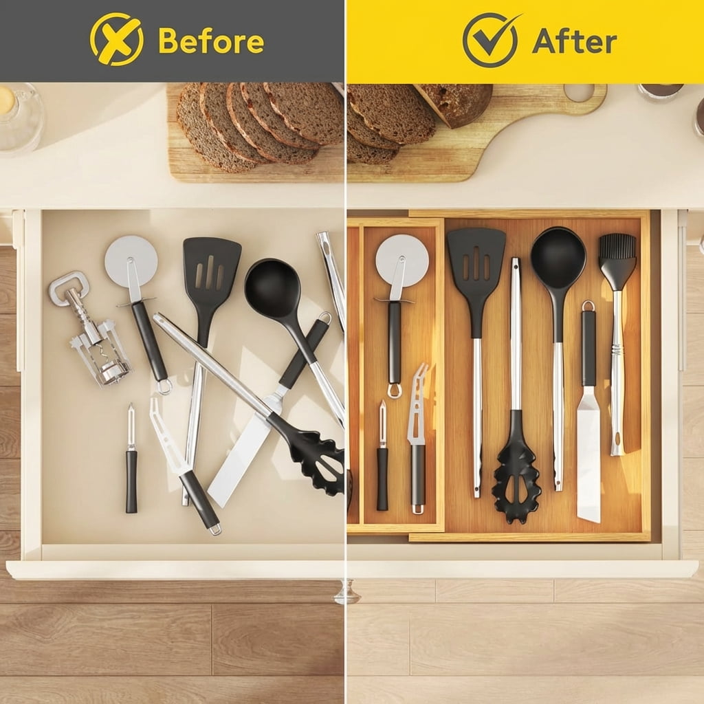 Norcho Expandable Bamboo Utensil Organizer Tray, Adjustable Cutlery and Flatware Holder for Kitchen Drawer, 11.9–21.7 x 15.75"