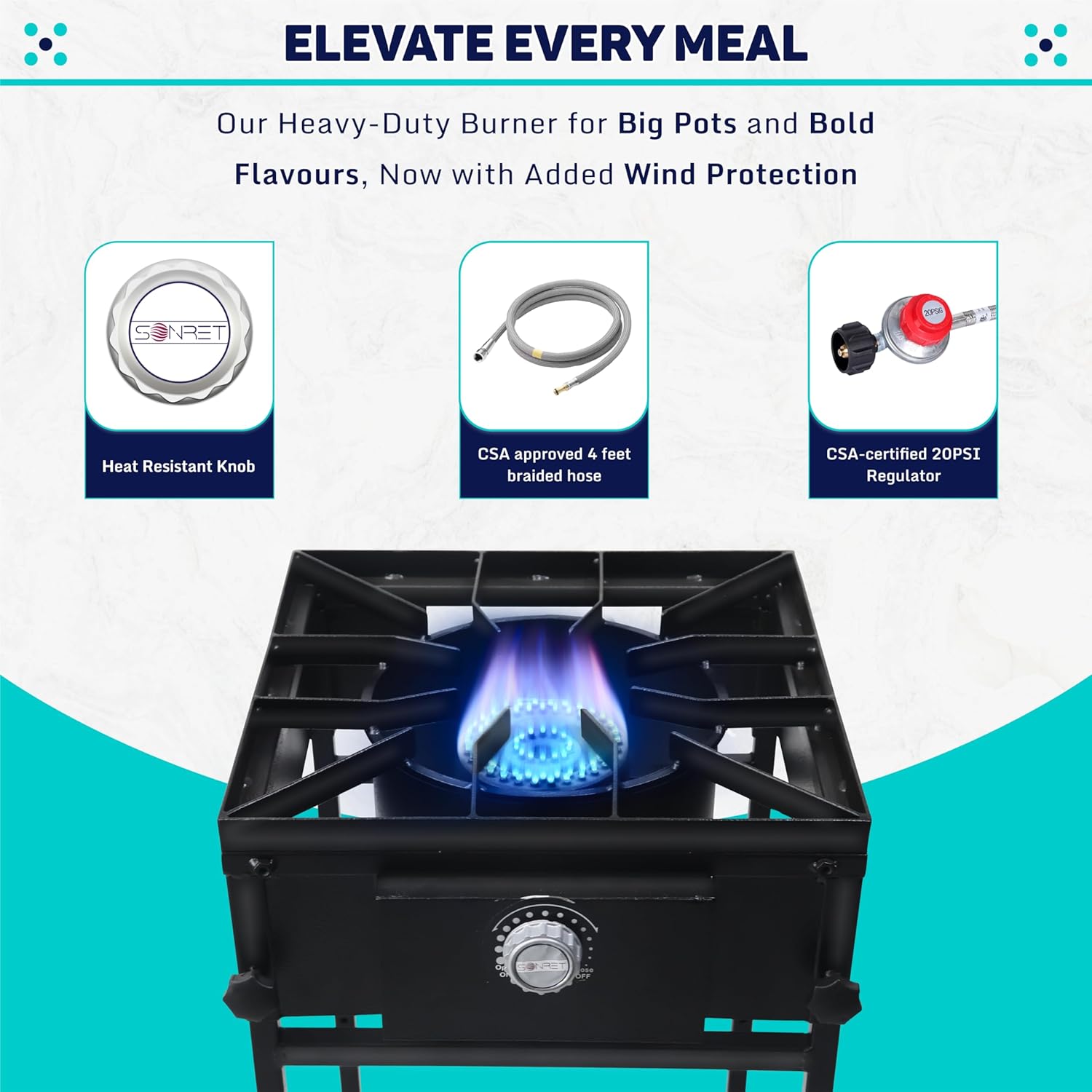 SONRET - One Burner Propane Camping Stove - 1,30,000 BTU -  with Adjustable Bottom Shelf