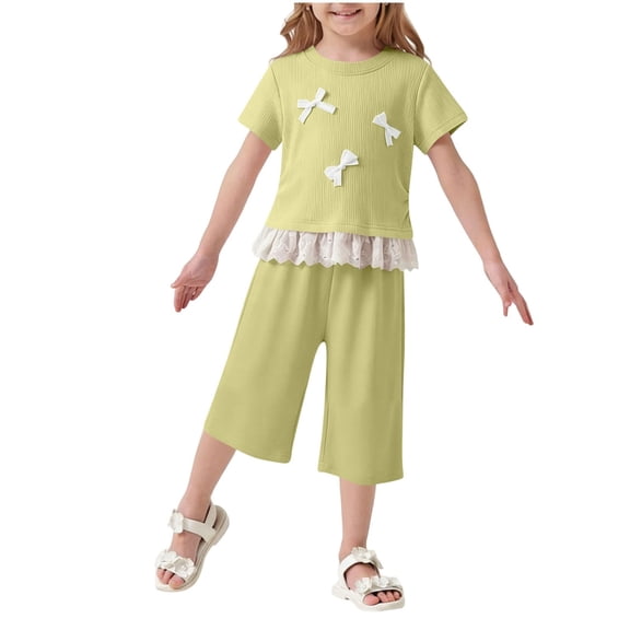 OGLCCG Kids Girls 2 Piece Outfits Short Sleeve Lace Bow Shirt Tops and Baggy Capri Pants Summer Casual Cute Girls Clothing 2-10 Years