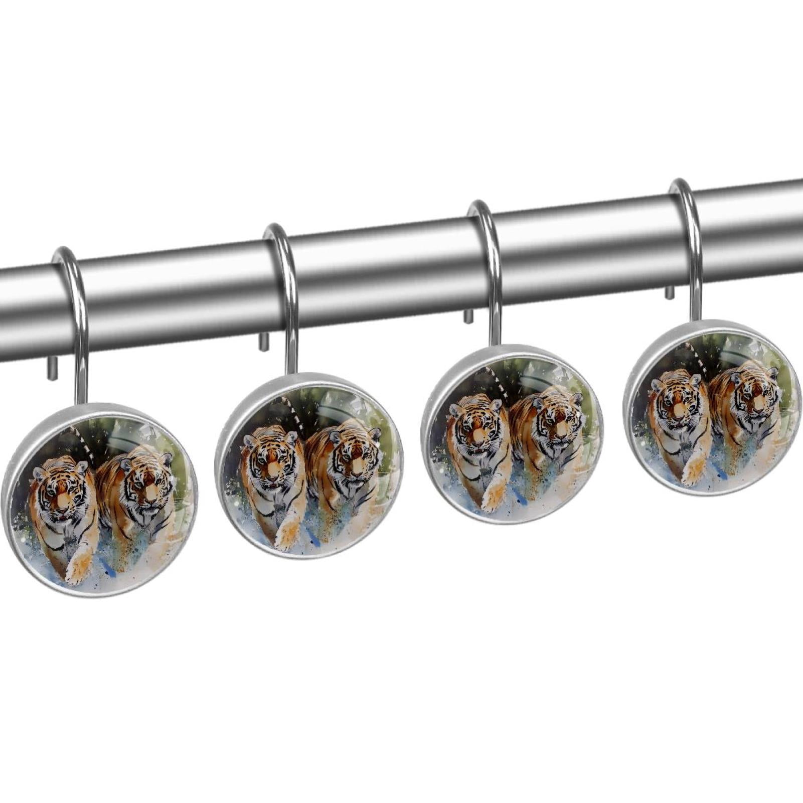 Watercolor Walking Tigers Shower Curtain Hooks Round Crystal Glass, Set of 12 Shower Curtain Rings - Shower Hooks for Curtain Shower Rings
