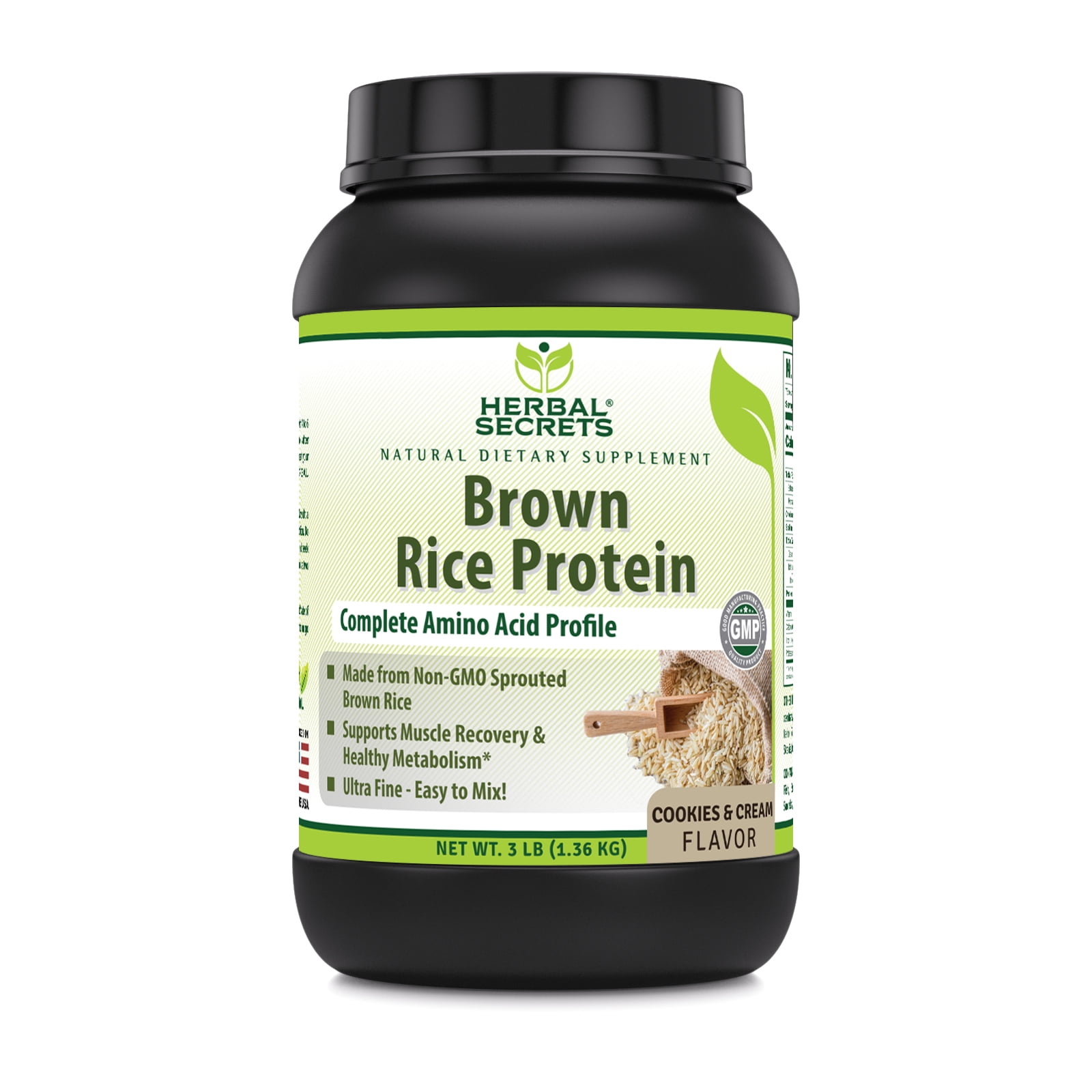 Herbal Secrets Organic Brown Rice Protein Powder - 3 lbs (Non-GMO) Cookies & Cream - Supports Muscle Recovery, Promotes Healthy Weight Management*