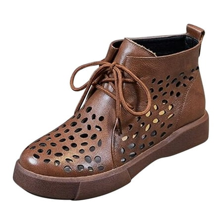 

fvwitlyh Ankle Boots for Womens Cowboy Boots Low Heel Fashion Women Solid Color Hollow Comfortable Flat Lace Up Leather Boots Women Chunky Heel