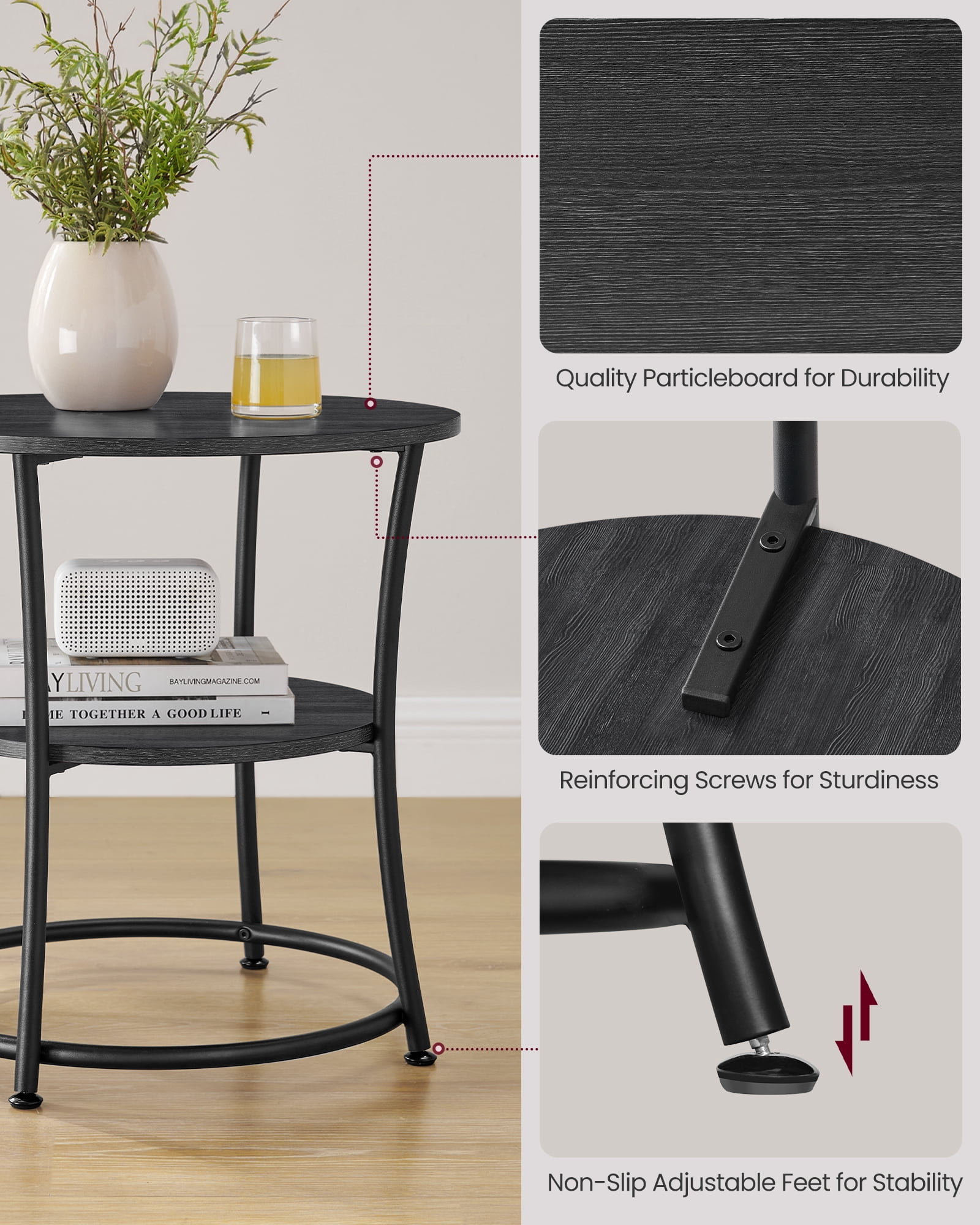 VASAGLE 21.7-Inch Round Side Table, 2-Tier End Table, Nightstand with Steel Frame, Spacious Top, for Small Spaces, Living Room, Bedroom, Charcoal Gray and Ink Black