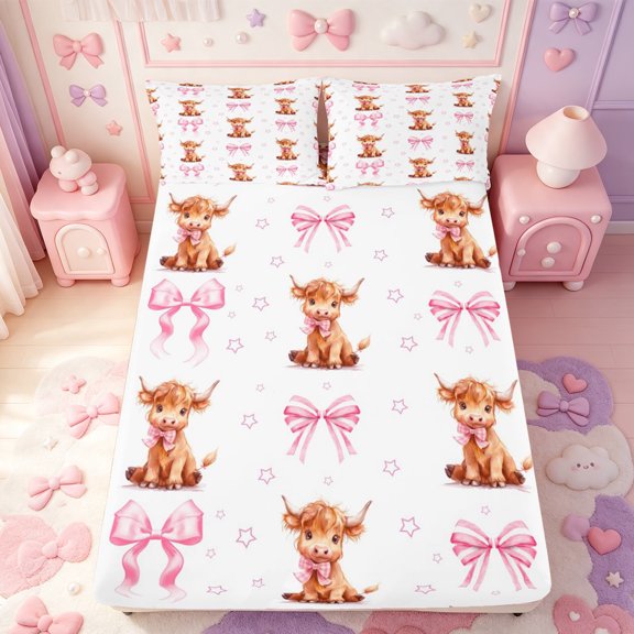 Manfei Farm Animal Highland Cow Fitted Sheet Full,Cute Pink Bowknot Bed Set,3pcs,1 Fitted Sheet and 2 Pillowcases