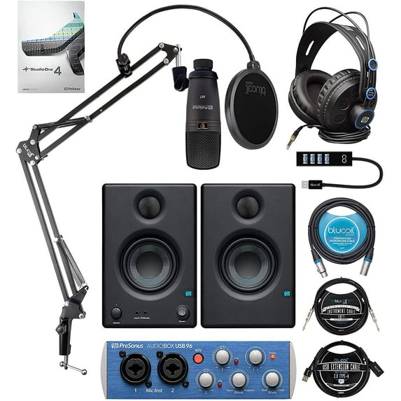PreSonus AudioBox Studio Ultimate Bundle with Blucoil Boom Arm Plus Pop Filter, USB Hub Type-A, 10-FT Straight Instrument Cable 1/4in, 10-FT Balanced XLR Cable, and 3' USB Extension Cable