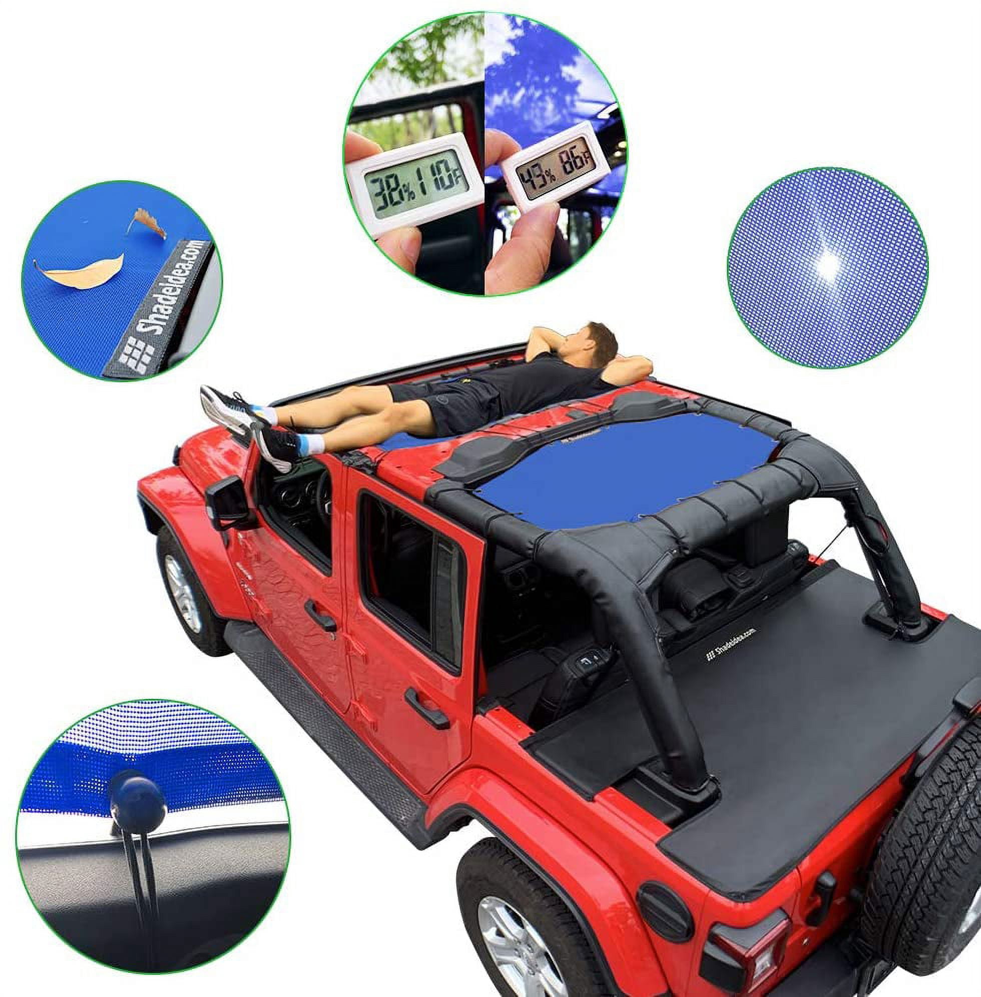Shadeidea Jeep Wrangler Sun Shade JL Top Sunshade Front and Rear 2 piece-Blue Mesh Screen Sunshade JLU Unlimited 4 Door 2018-Current New Model Cover UV Blocker with Grab Bag-10 Years Warranty