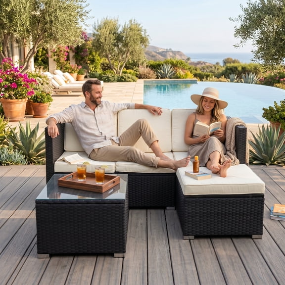 5-Piece Outdoor Wicker Sectional Sofa Set, All-Weather Patio Furniture with Tempered Glass Coffee Table, Water-Resistant Cushions, for Backyard Porch Garden,Beige