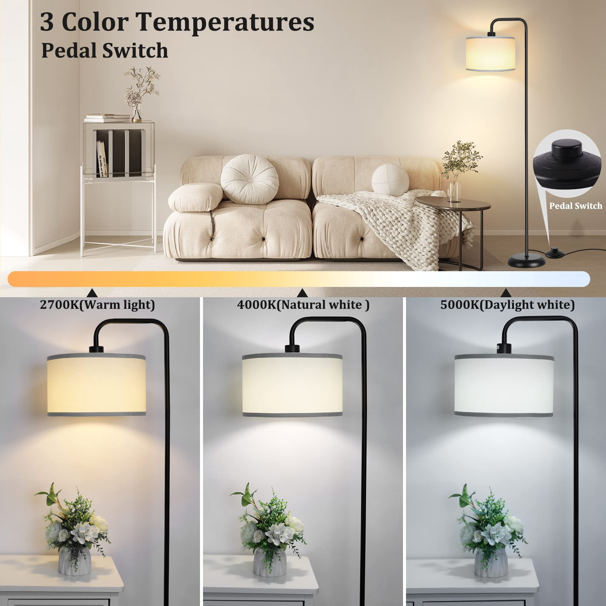 [upgraded] Led Floor Lamp For Living Room  3 Color Temperature With Foot Modern Standing Tall Pole Reading Bedroom Study Office 9w Bulb Included Black