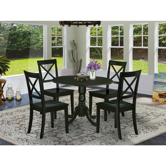 5-Piece Round Dining Set - 42" Table w/ Drop Leaves & 4 Wood Chairs