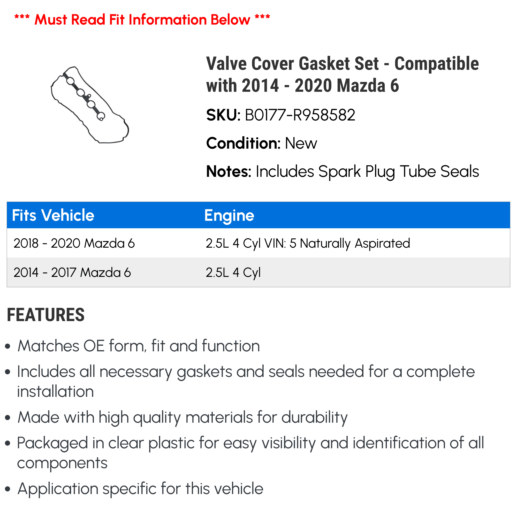Valve Cover Gasket Set - Compatible with 2014 - 2020 Mazda 6 - Beck Arnley