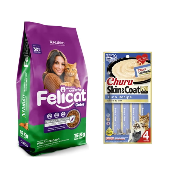 Felicat 15 Kg + Churu Skin & Coat Atún Snack 4 tubos de 14g