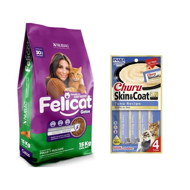 Felicat 15 Kg + Churu Skin & Coat Atún Snack 4 tubos de 14g