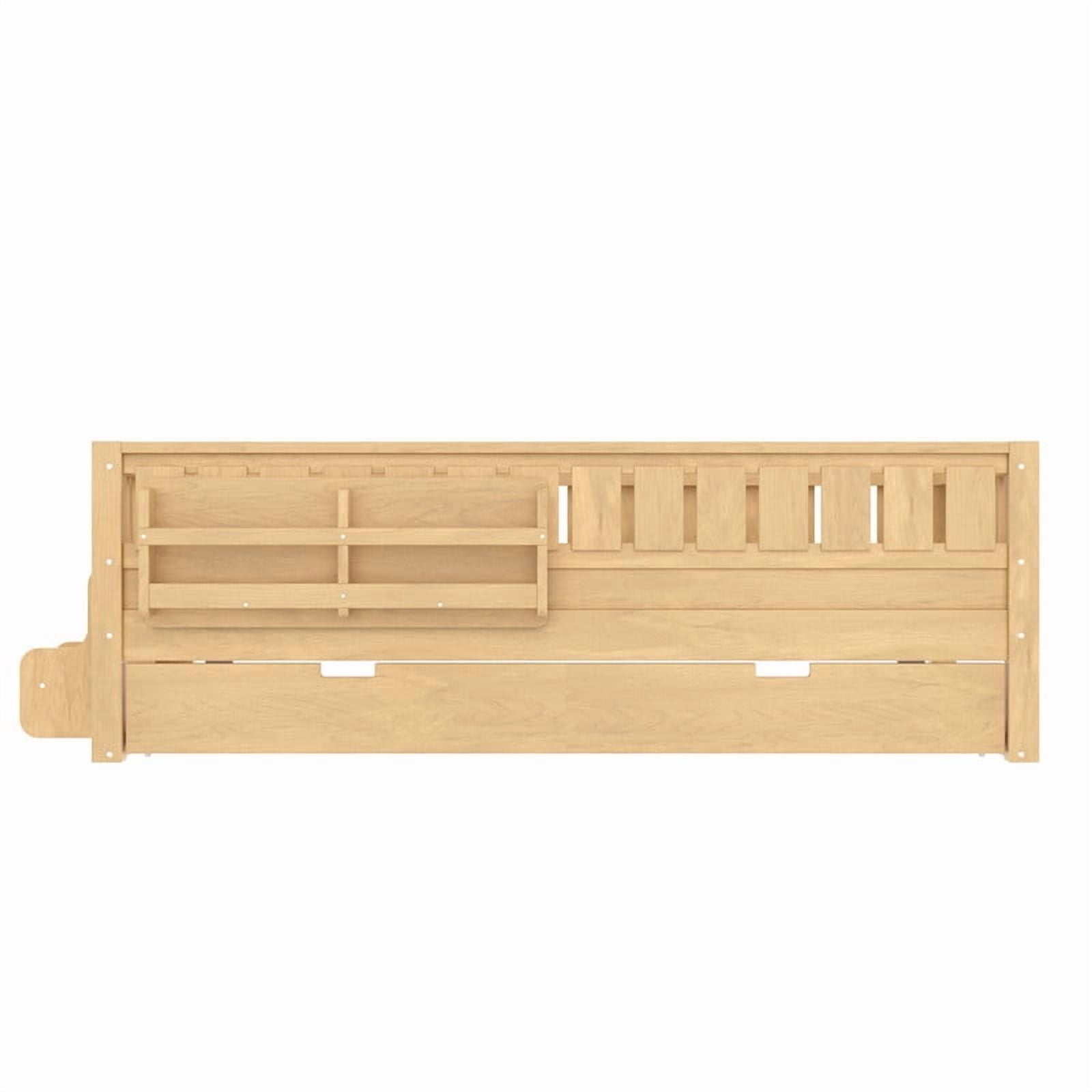 Twin Size Low-Profile Kid's Platform Bed with Built-in Bookshelves & Small Staircase, Wooden Bed Frame with Safety Rails & Trundle