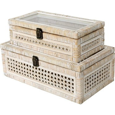 Rattan Stacking Boxes, Set of 2, for Boho and Rustic Farmhouse Decor, White Wash