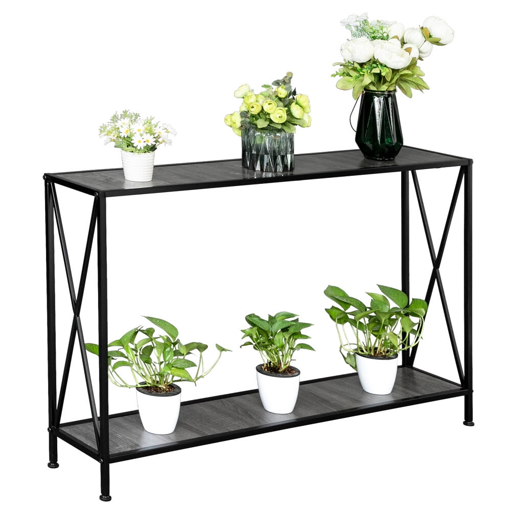 2 Layers Forked Console Table MDF Countertop Black Wrought Iron Base