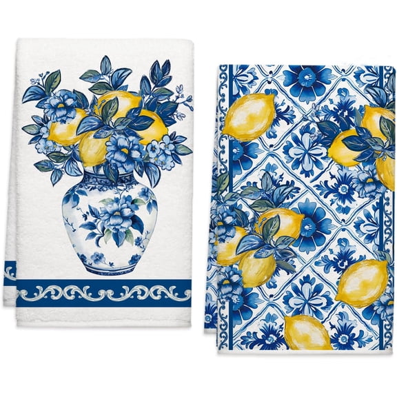 Summer Lemon Floral Kitchen Towels, Spring Porcelain Dish Towels Set of 2, Spring Blue and White Chinoiserie 18 x 26 Inch Hand Towel Quick Drying Dishcloth Decor for Kitchen Bathroom Home
