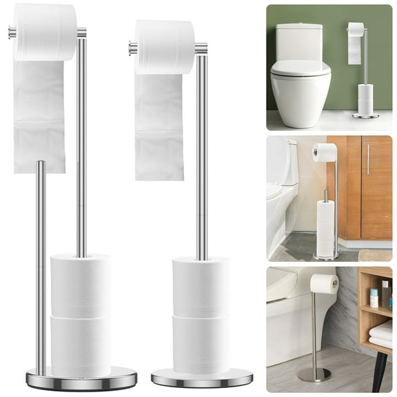 Free Standing Toilet Paper Holder Stand Brushed Nickel Toilet Roll Stand Bathroom Tissue Rack with Storage Reserves 5 Mega Rolls