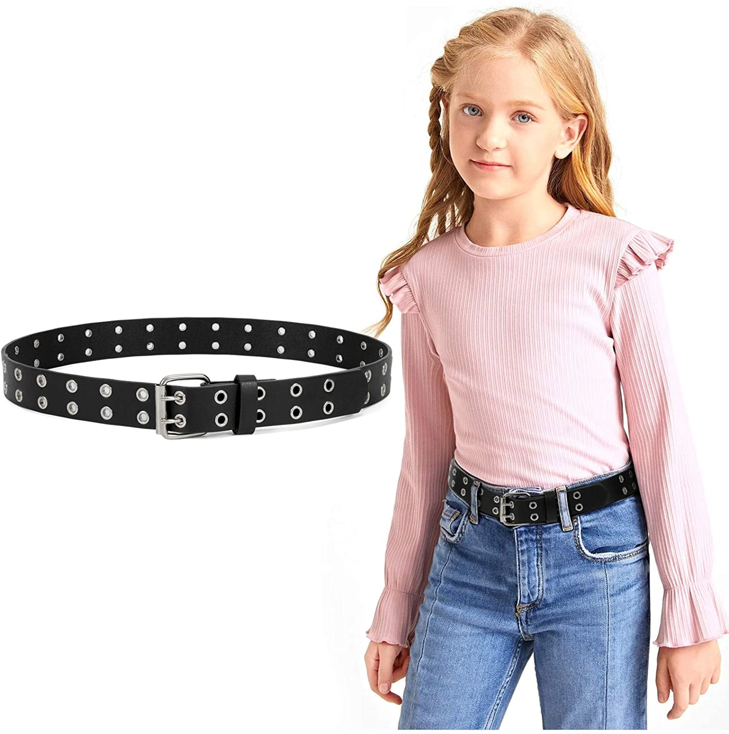 Kids Double Grommet Belts With Holes for Girls Boys PU Leather Two Row Grommet Waist Belt for Jeans Dress 