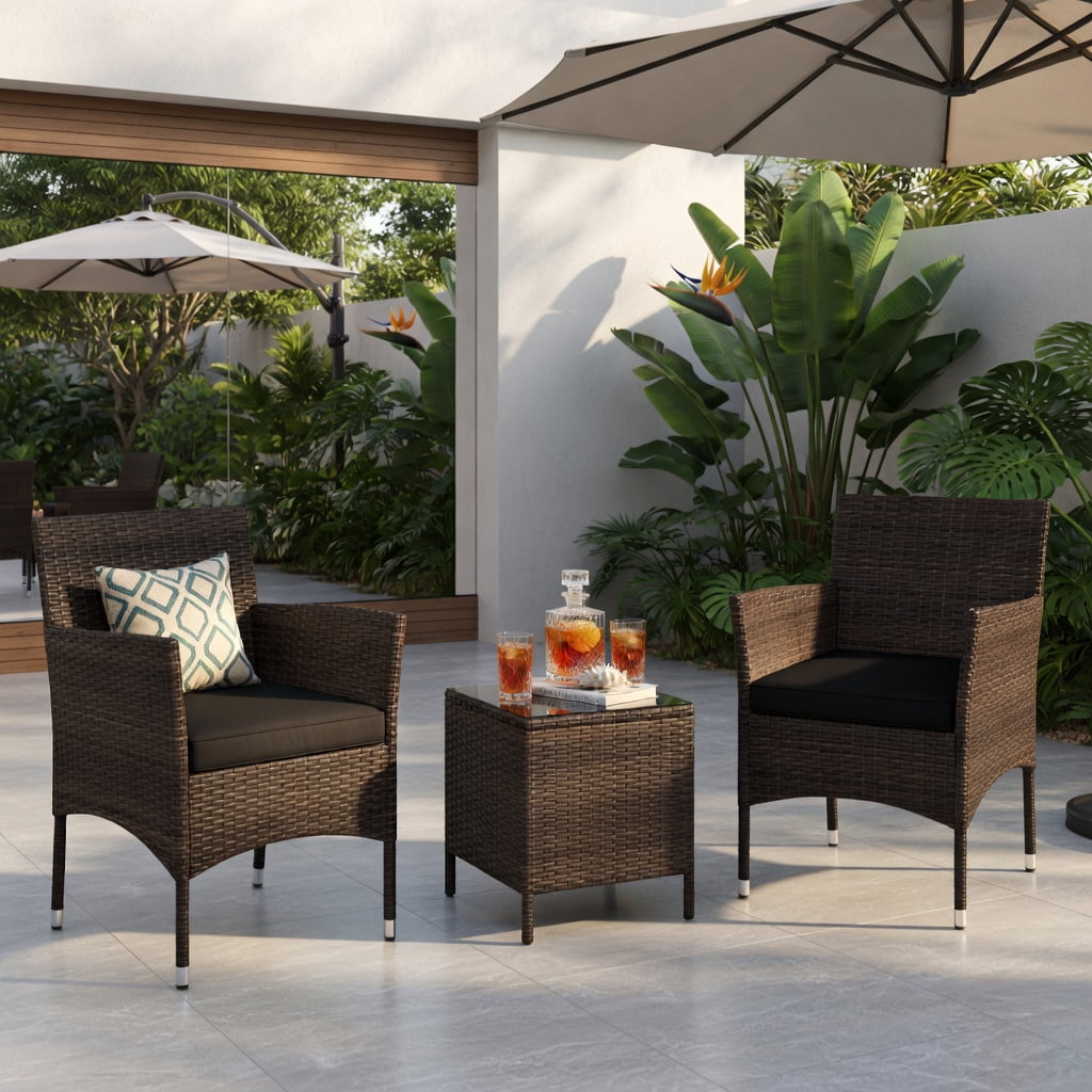 Hommoo 3-Piece Outdoor Wicker Conversation Set, Metal Frame, Tempered Glass Coffee Table & Ergonomic Rattan Chairs for Patio, Backyard, Poolside, Black