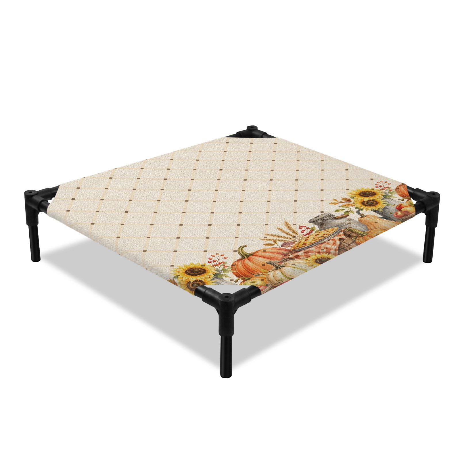 Thanksgiving Elevated Dog Bed Fall Harvest Farm Pumpkins Sunflowers Berry Beige Plaid Cooling Breathable Outdoor Raised Dog Cot Bed with Metal Frame Non-Slip Feet for Small Dog 20x20in