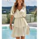 thumbnail image 2 of Vestido de mujer con cintura elástica alta, dobladillo con volantes, manga corta acampanada, cuello en V, vestido de verano de color puro, 2 of 6