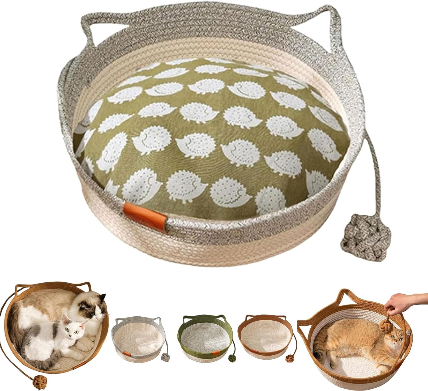 Handwoven Cat Basket,Foldable Cotton Rope Cats Toy Bed with Teasing Ball,for Small & Large Dog
