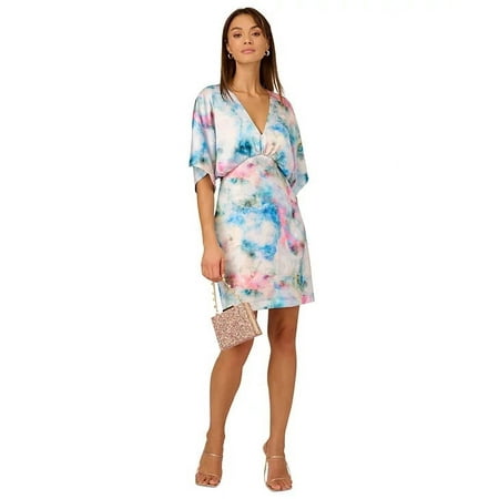 Adrianna by Adrianna Papell Printed Satin Kimono Dress Color Blue Multi Size 6