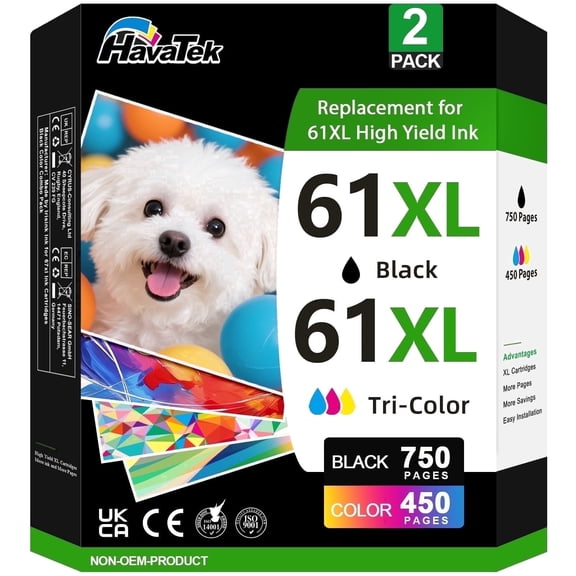 61XL Ink Cartridge Compatible for HP 61 Ink Cartridge Combo Pack for Envy 4500 4502 5530 DeskJet 2512 2542 2540 2544 OfficeJet 4630 Printer (1 Black,1 Color)
