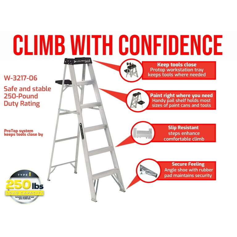 Louisville Ladder 6' Aluminum Step Ladder, 10' Reach, 250 lbs Load Capacity, W-2112-06S Louisville Ladder 6' Aluminum Step Ladder, 10' Reach, 250 lbs Load Capacity, W-2112-06S