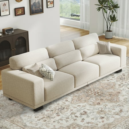 CHITOOMA 89" 3 Seater Sofa, Upholstered Couch with 3 Pillows and Removable Linen Cover, Deep Seat Sofa with Wide Armrests for Living Room, Bedroom, or Office, White