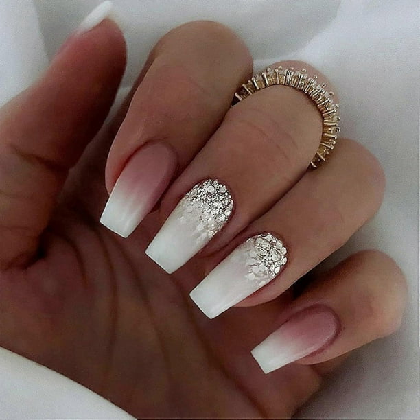 24pcs Short Nails White Pink Ombre Stick On Nails Press On Nails with Glitter Sequins Removable Adhesive Nails False Nails Acrylic Full Cover Nails Wo