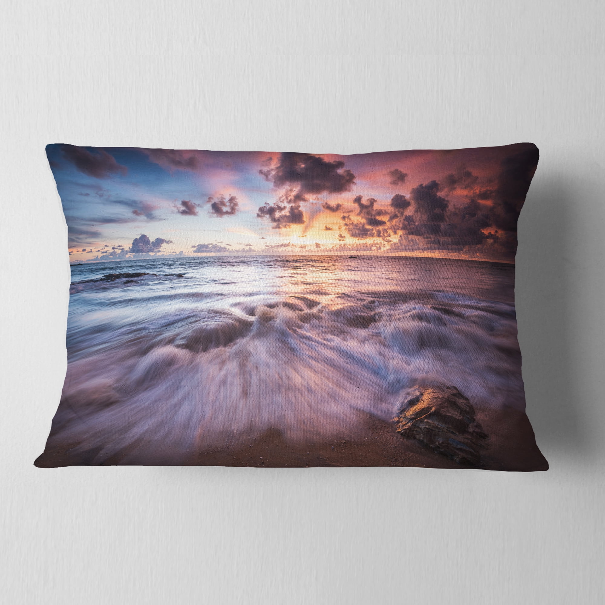 Designart Beautiful Sea Waves At Sunset - Beach Photo Throw Pillow - 12x20
