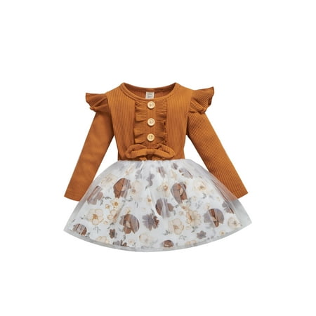 

BrilliantMe Autumn Kids Baby Dress Girls Ribbed Floral Stitching Long Sleeves Ruffled Dresses Khaki 4 Years