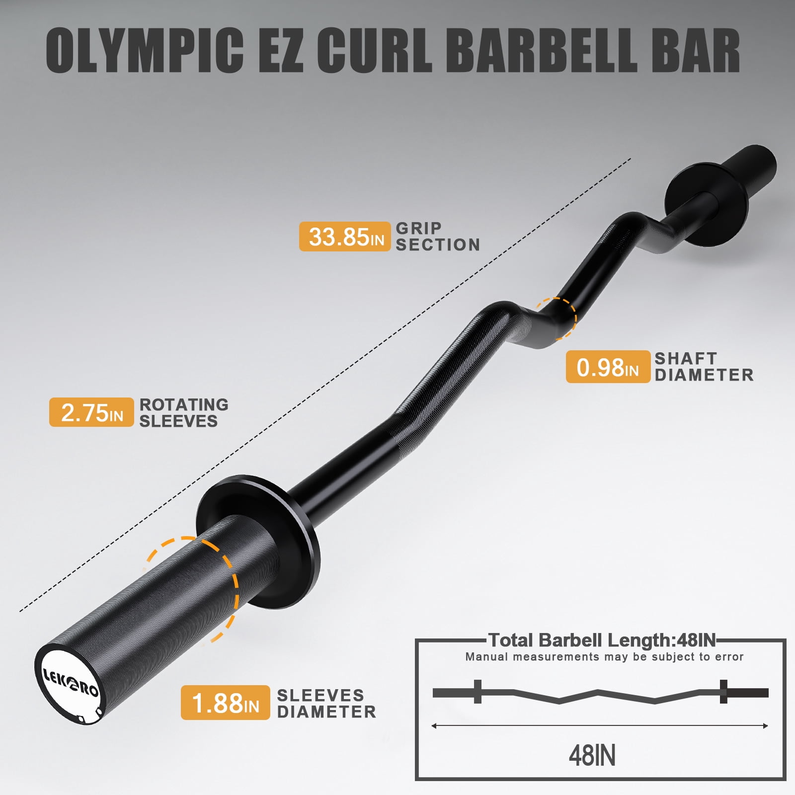 LEKARO, Olympic EZ Curl Barbell Bar, 48-inch, Fits 2-inch Plates