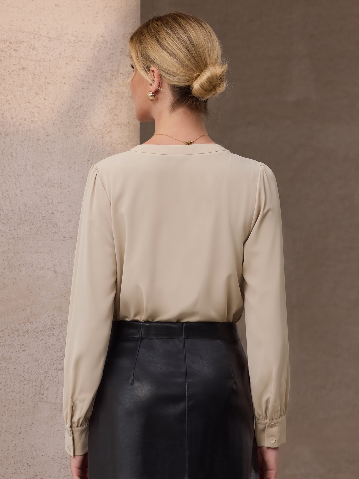 DARING DIVA Long Sleeve V Neck Classic Business Work Shirt Top 2XL Beige