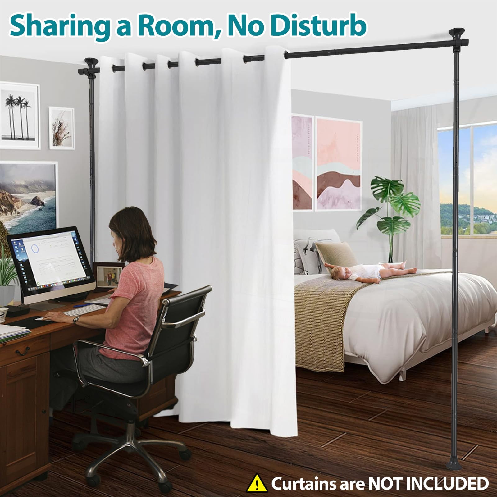 Room Divider, 4-10ft No Drilling Adjustable Curtain Rods Wall Divider for Room Separation, Heavy Duty Freestanding Hanging Room Divider Curtain Rod, Black