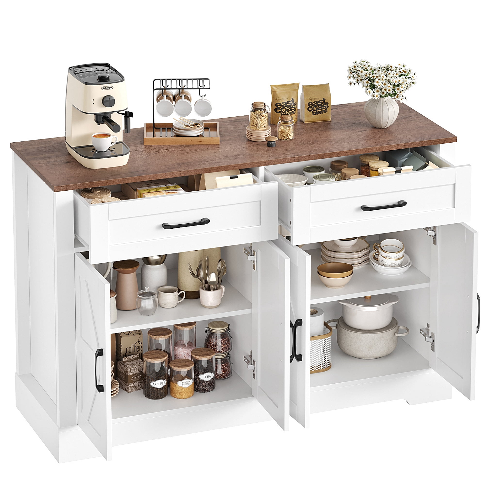 Homfa Buffet Cabinet with 2 Drawers and 4 Doors, Kitchen Sideboard Storage Cabinet, Farmhouse Coffee Bar Cabinet for Dining Room, White & Brown
