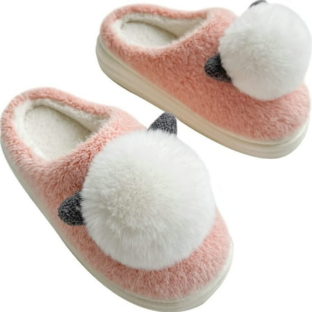 

CoCopeaunt Women Fluffy Faux Fur Cozy House Slippers Fashion Cute Furry Bunny Ball Top Indoor Home Shoes Non-slip