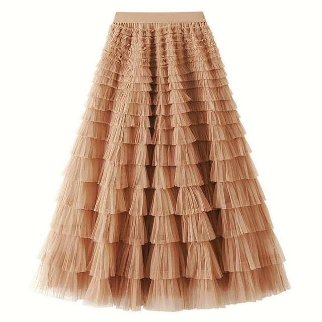 Birdeem Womens Solid Color Ruffled Mesh Skirt High Waist Prom Poached Skirt Half-Length Skirt