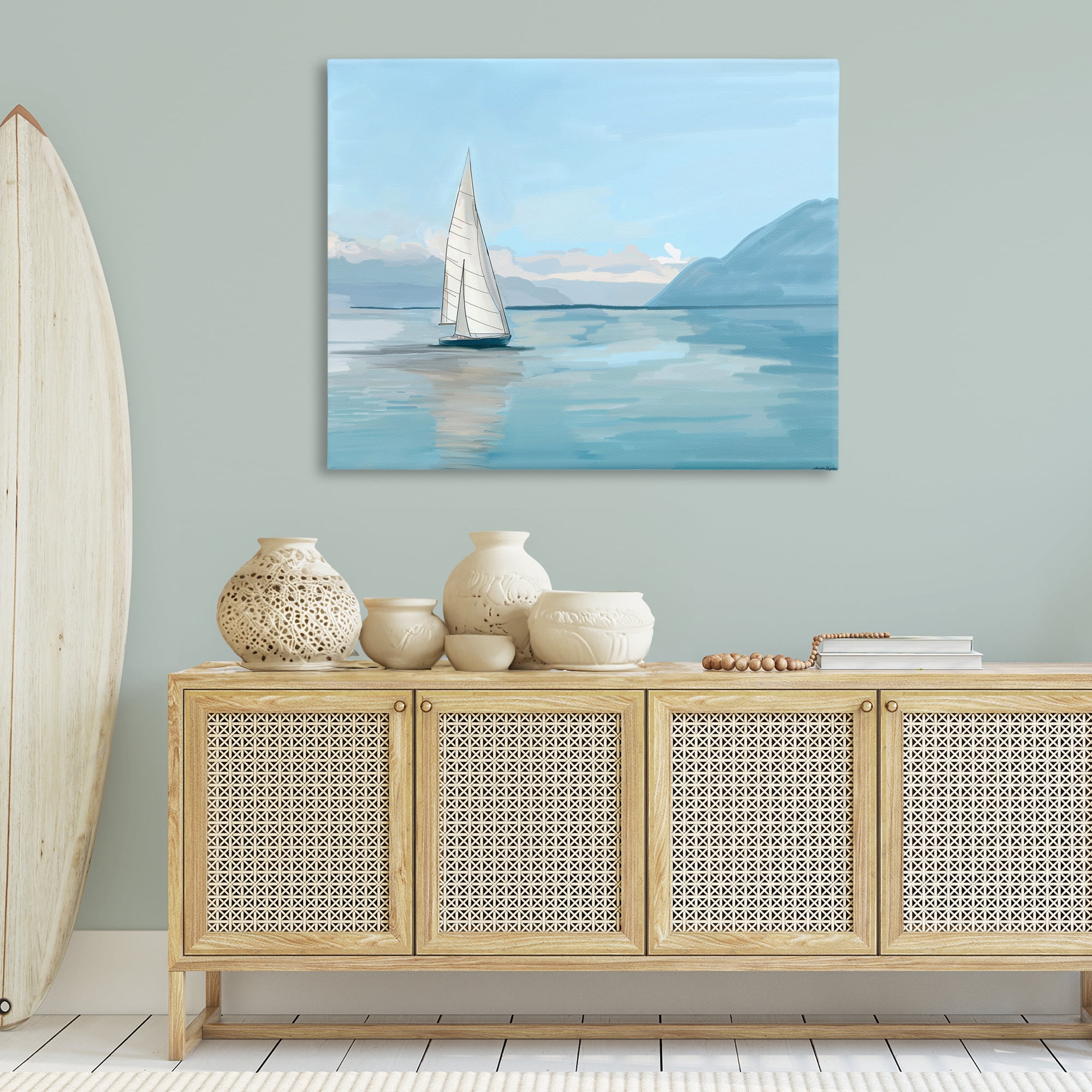 Stupell Industries Peaceful Sailboat on Water Nautical & Beach Painting Wrapped Canvas Art Print Wall Art, 48 x 36