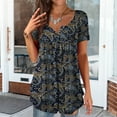 thumbnail image 3 of KZKR Women's Floral Printed Henley Short Sleeve V Neck T-Shirt Pleated Casual Flowy Tunic Shirt Blouse Tops for Women, 3 of 5