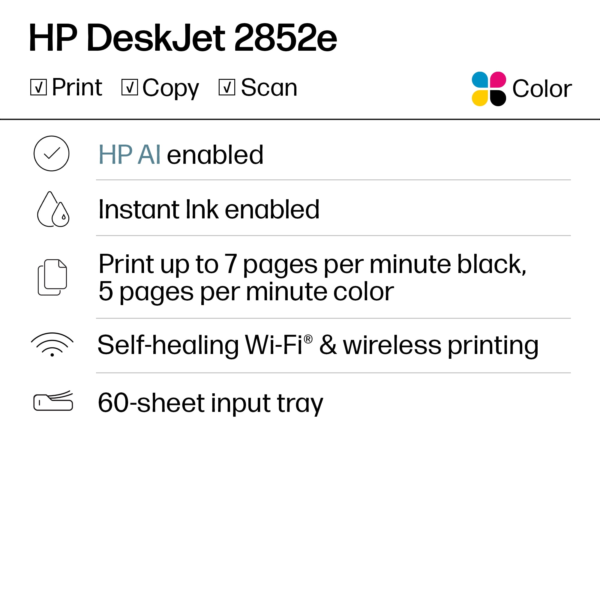 HP DeskJet 2852e Wireless All-in-One Color Inkjet Printer (White), Scanner, Copier, 3 months Free Instant Ink