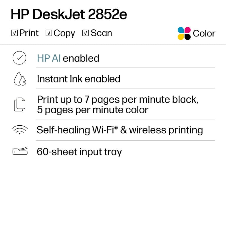 HP DeskJet 2852e Wireless All-in-One Color Inkjet Printer, Scanner, Copier, 3 Months Free Ink
