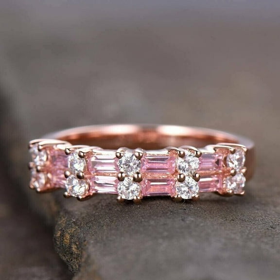 2Ct Baguette Cut Lab-Created Pink Sapphire Half Eternity Women's Engagement Ring 14K Rose Gold Plated Silver