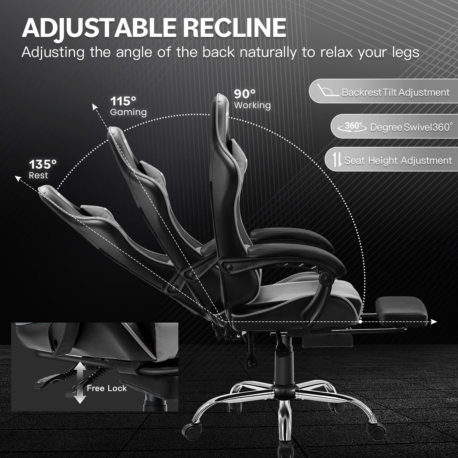 JONPONY Big and Tall 400LBS Gaming Chair, Ergonomic Design, Gamer Chair PU Leather with Footrest and Lumbar Support, High Back Office Chair Support 8 Hours Long Sitting, Computer Chair,Black Grey