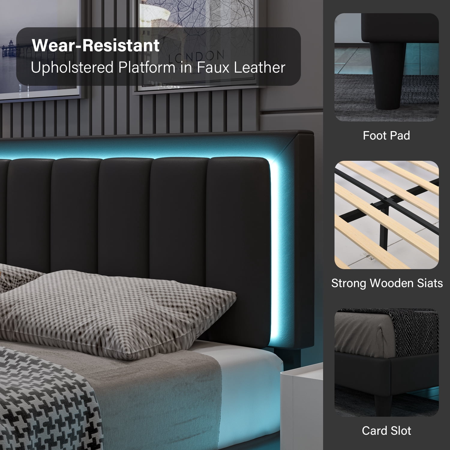 4 EVER WINNER Full Bed Frame with LED Light, Upholstered Platform Bed Frame with Headboard, Black