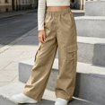 thumbnail image 2 of SGFCWSX Girls Cargo Pants, Wide Leg Elastic Waist Loose Fit Trousers with Pockets for Daily Street Style Khaki Size 12, 2 of 8