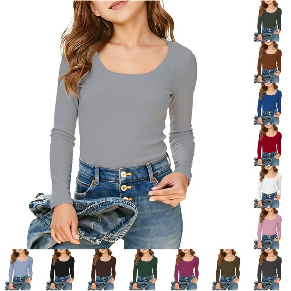 HNMKIU Girls Long Sleeve Shirts Ribbed Layering Tops U Neck Slim Fit Basic Tee Undershirts Soft Stretchy For Ages 5-16 Years Grey,5-6 Years