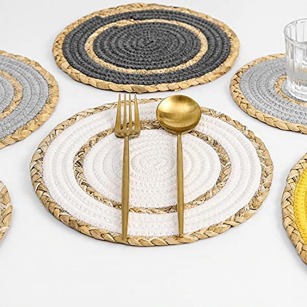 Fennco Styles Hand-Woven Rattan Cotton Rope Placemats 12-Inch Round, Set of 4 - Slate Braided Table Mats Heat Resistant Insulation for Home, Boho Décor, Dining Table, Banquets, Special Events