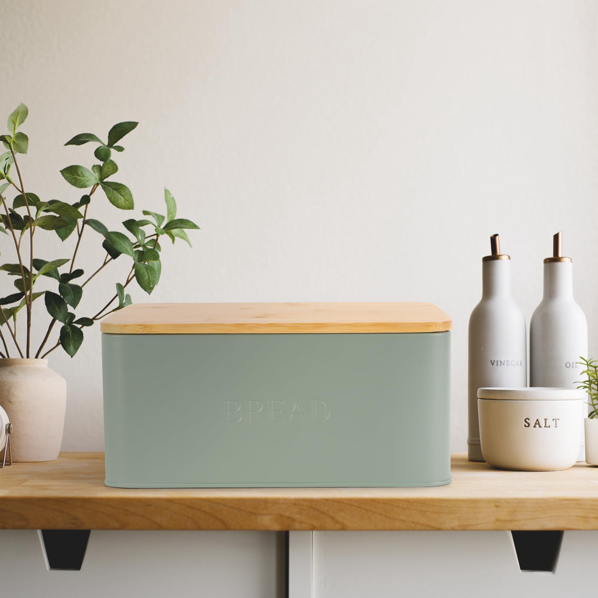 Stylish Bread Box with Wooden Lid for Kitchen Countertop, Spacious Storage Container for Homemade Bread Muffins Bagels, Premium Cutting Board Lid Keeps Bread Fresh